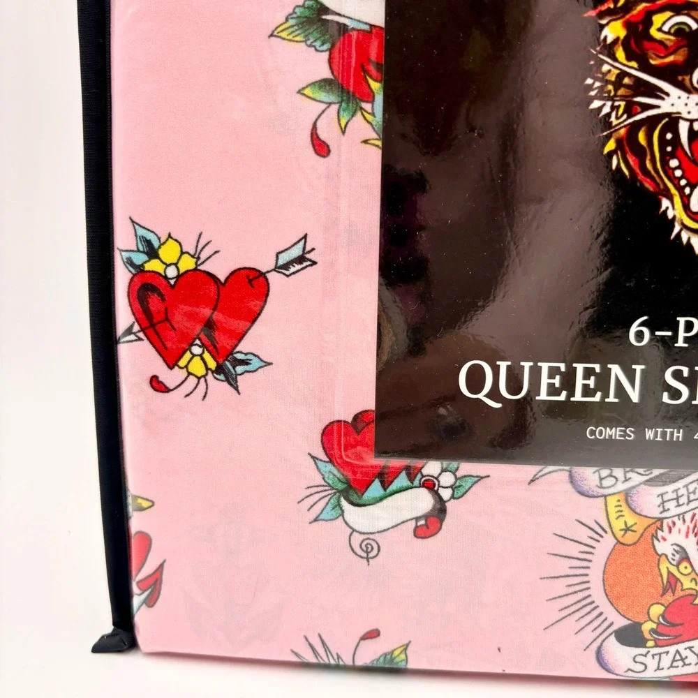 Ed Hardy Pink Tattoo Flash‎ Queen Sheet Set 6 Piece Tiger Eagle Hearts NEW